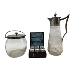 Victorian silver-plated and glass claret jug with hobnail and vine etched body H29cm, a set of six Victorian silver-plated serviette rings in fitted case and an early 20th century silver-plated and glass biscuit barrel (3)