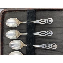 Set of six silver coffee spoons with pierced stems Sheffield 1933 Maker Francis Howard, six silver handled pastry knives, silver trefid end spoon with rat tail bowl London 1904 and a silver dessert spoon weighable silver 4oz