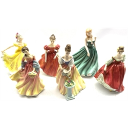 Six Royal Doulton figures including Ninette, Fair Lady (Red), Alexandra, Sarah, Winsome and Summer Scent