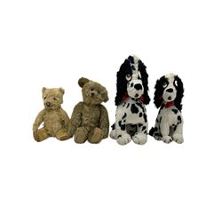 Two Merrythought dalmatians, larger H34cm and two vintage plush covered teddy bears 