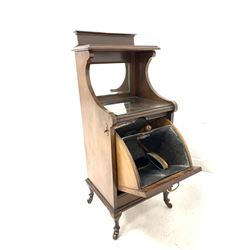 Edwardian walnut coal purdonium, raised open shelf over bevelled mirror plate, panelled fall front revealing coal box, raised on shaped supports with castors W39cm