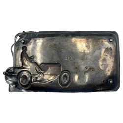 WMF pewter rectangular shallow dish with a raised pattern of a vintage car and driver raised on short supports 23cm x 12cm