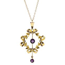 Edwardian gold amethyst and seed pearl pendant, stamped 9ct, on later 9ct gold chain