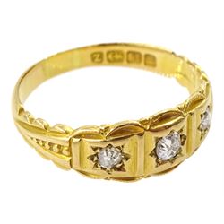 Victorian 18ct gold gypsy set three stone old cut diamond ring, Birmingham 1899
