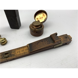 Small four drawer brass telescope with outer leather case, 35cm extended length, small late 19th century brass magnifying glass with ivory handle, possibly for map reading, boxwood ruler and a travelling inkwell 