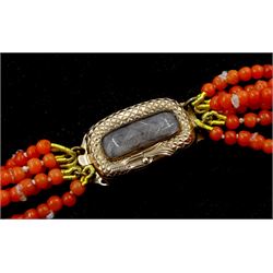 19th century graduating six strand coral bead necklace with George III gold hair clasp engraved 'F Bryan Died 17 Dec 1818 aged 59' 