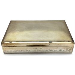 Silver rectangular cigarette box with engine turned decoration and presentation inscription 1971 W16cm 