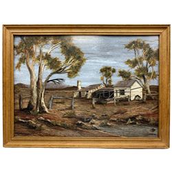 Jeanette Skrokov (Australian 20th century): 'Old Homestead Flinders Ranges South Australia', mixed media collage using Eucalyptus and local trees 30cm x 42cm