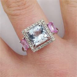 18ct white gold princess cut aquamarine, with round brilliant cut diamond halo surround and two pink sapphires set either side, stamped K18, aquamarine approx 2.00 carat, total pink sapphire weight approx 0.50 carat