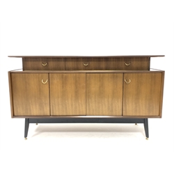 G-Plan - Mid century 'Librenza' teak sideboard, with three drawers over two bi folding cupboard doors, raised on ebonised supports, W150cm, H85cm, D46cm
