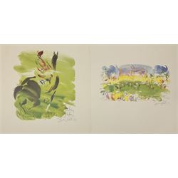 Jake Sutton (British 1947-): 'Mounted Jockey' and 'A Classic Race with a Brilliant Finish', pair limited edition colour lithographs signed in pencil 44cm x 42cm (2) (unframed)
