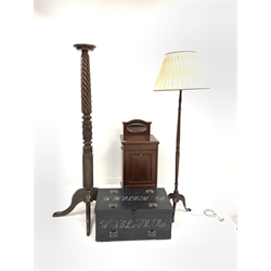 Edwardian walnut purdonium, with raised mirrored back over fall front revealing metal coal insert, raised on cabriole supports, (W42cm) together with a mahogany standard lamp raised on turned column and triple slay supports, (H160cm) a black painted pine blanket box (W67cm) and a walnut jardinière stand, (H167cm)