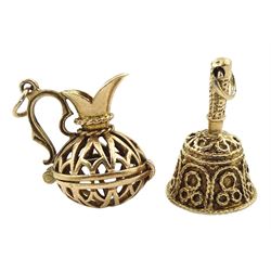Gold jug with hinged opening pendant/charm and a gold bell pendant/charm, both hallmarked 9ct