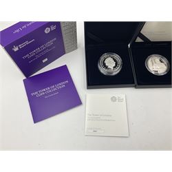 Four The Royal Mint United Kingdom 2019 'The Tower of London Coin Collection' silver proof piedfort five pound coins, comprising 'The Legend of the Ravens', 'The Crown Jewels', 'The Yeoman Warders' and 'The Ceremony of the Keys', all cased with certificates (4)