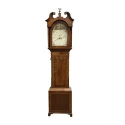 Joseph Richmond of York - 8-day mahogany longcase clock c 1820, with a swans neck pediment and ball and eagle finial, break arch hood door flanked by inlaid pilasters with brass capitals, trunk with inlay, stepped canted corners and wavy topped door, on a rectangular inlaid panel plinth on bracket feet, painted dial with a depiction of rural cottage to the arch and floral spandrels, tumbling Arabic numerals with minute markers, 15 minute Arabic's and matching steel hands, subsidiary seconds dial and calendar aperture, dial pinned directly to a rack striking movement, striking the hours on a bell. With weights and pendulum.
John Richmond is recorded as working in Fossgate, York with his son (Joseph II) 1818-32. During this period they were responsible for the upkeep and winding of the clocks in York Minster.