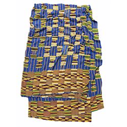 Ghana Ashanti Kente cloth woven with panels of blue, yellow etc  300xm x 170cm