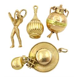 Four 18ct gold charms including rose gold cooking pot, hat, matador and scent bottle 