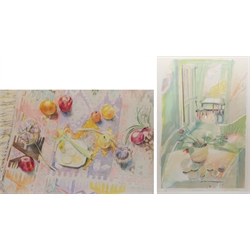 Jane Strother (British Contemporary): 'Anemones', printer's proof screenprint signed and titled in pencil 87cm x 61cm; Christine Church: Still Life of Fruit and Veg, coloured pencil drawing signed and dated '85, 42cm x 62cm (2)