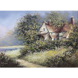 Les Parson (British 1945-): Cottage with Wild Flowers, oil on canvas signed, housed in heavy gilt stepped frame 29cm x 40cm
