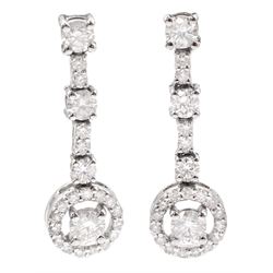 Pair of 18ct white gold round brilliant cut diamond pendant stud earrings, stamped, total diamond weight approx 1.70 carat