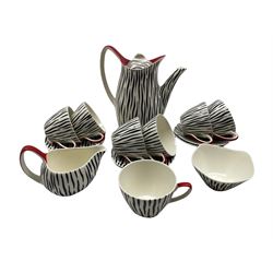 Midwinter Stylecarft Zambesi pattern coffee set designed by Jessie Tait, comprising seven cups, six saucers, coffee pot, milk jug and sugar bowl
