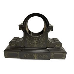 Two empty French clock cases-  Belgium slate drum cases with carved volutes.
Large case 56cm wide x 15cm deep x 39cm high. Movement aperture 6-3/8”
Small case 50cm wide x 14cm deep x 31cm high. Movement aperture 5-3/8”
