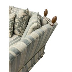 David Gundry - Knole design drop-end two-seat sofa, upholstered in blue and light grey striped fabric with scatter cushions, on square tapering feet with brass cups and castors