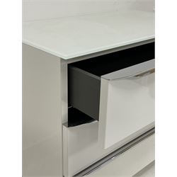 Hülsta Metis Plus - white gloss, opaque glass and polished metal three drawer chest, retailed by Redbrick Mill of Batley 