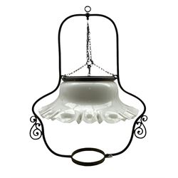 Hanging oil lamp with opaque glass shade with frill rim, H61cm  