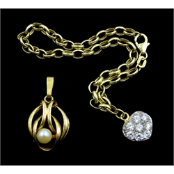 Gold cubic zirconia heart bracelet and gold pearl pendant, both 9ct stamped or hallmarked