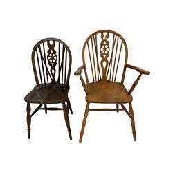 Set four mid-20th century beech dining chairs with wheel and stick backs, with beech and elm carver chair with wheel and stick back 