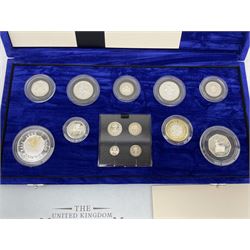 The Royal Mint United Kingdom Millennium silver coin collection, comprising thirteen silver proof coins including Maundy money, cased with certificate