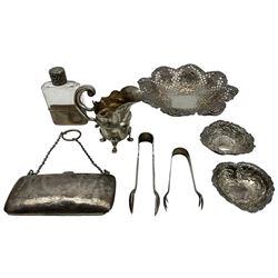 Engraved silver purse with divided leather interior Birmingham 1916 Maker Boots Pure Drug Company, embossed and pierced silver sweetmeat dish , silver cream jug, pair of small sweetmeat dishes, small glass flask with silver cup and cover and two pairs of sugar tongs