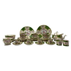 Minton 'Cockatrice' pattern part tea and coffee service comprising six coffee cans, six tea cups, eight saucers, eight side plates, milk jug, teapot, sugar bowl, preserve bowl, two cake plates (40)