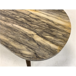 Italian mid century kidney shaped marble top coffee table, raised on turned teak supports 