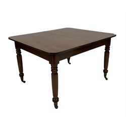 Mid 19th century mahogany extending dining table, the rectangular top, raised on turned supports, terminating in brass castors W125cm, H74cm, D108cm