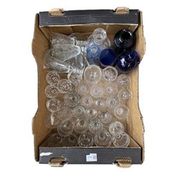 Assorted table glass, two blue glass bottles etc