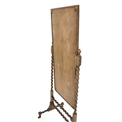 Early 20th century oak framed cheval mirror, geometric bevelled plate on rope twist supports, raised on castors, W60cm, H158cm