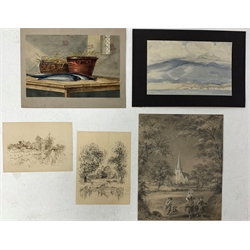 Victorian drawing of children in front of a church dated 1870, pair of Victorian drawings of little Morton hall, signed with monogram and two other pictures, all unframed