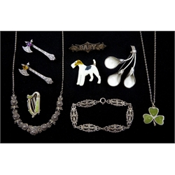 Collection of silver jewellery including Norwegian enamel flower brooch by Jacob Tostrup, enamel terrier brooch by Kenart, Irish clover pendant, two Scottish axe brooches by H Wright & Son, marcasite bracelet and necklace and two other brooches, all stamped or hallmarked  (7)