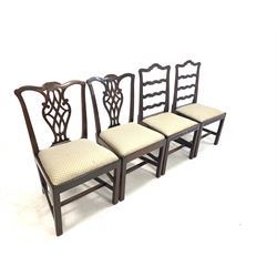 Pair of 19th century mahogany dining chairs, floral carved shaped crest rail over waved ladder backs, drop in upholstered seat pads and reeded and chamfered square supports, together with another pair of mahogany dining chairs 