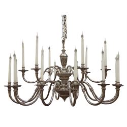 Lampart Italy - Large late 20th century Italian silver plated chandelier, two tier lobe moulded stem, eighteen scrolled branches with false candles, D125cm Provenance - once hung in The Throne Room of Auckland Castle, Durham (Auckland Project) after restoration work during the 1980s, removed February 2019 for further regeneration
