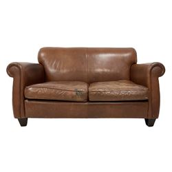 Laura Ashley - 'Exmoor' two seat sofa, traditional shape with rolled arms, upholstered in tan leather, on square tapering feet
