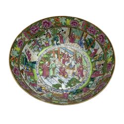19th century Canton Famille Rose porcelain punch bowl, profusely decorated to the exterior with continuous scenes of officials and other figures, a similar scene to the interior, below a band of blossoming flowers and fruits, D34cm x H15cm