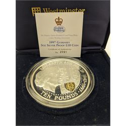 Queen Elizabeth II Bailiwick of Guernsey 1997 five ounce fine silver ten pound coin, cased with certificate