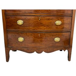 Early 19th century inlaid mahogany bow-front chest, the frieze inlaid with patterned boxwood stringing, fitted with four graduating drawers with brass handles and bone escutcheons, on shaped apron and bracket feet 