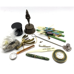 Conway Stewart 84 green marbled fountain pen with 14ct gold nib, Victorian silver and mother of pearl fruit knife, silver-plated candle snuffer, Indian bronze bell, the handle modelled as Hanuman, pair of brass spurs, coins and miscellanea 