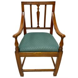 Elm and yew wood elbow chair, vase shaped splat with two moulded uprights, drop-in upholstered seat, on square supports joined by plain stretchers