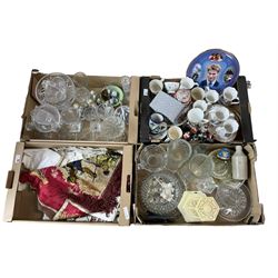 Box of Victorian and later commemorative items, two boxes of glass and a box of textiles