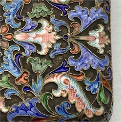 Russian silver gilt and enamel purse of scrolling design in polychrome enamels on a matt ground and with watered silk interior, 7.5cm x 6cm, 84 zolotniks standard, St Petersburg town mark Makers mark HC